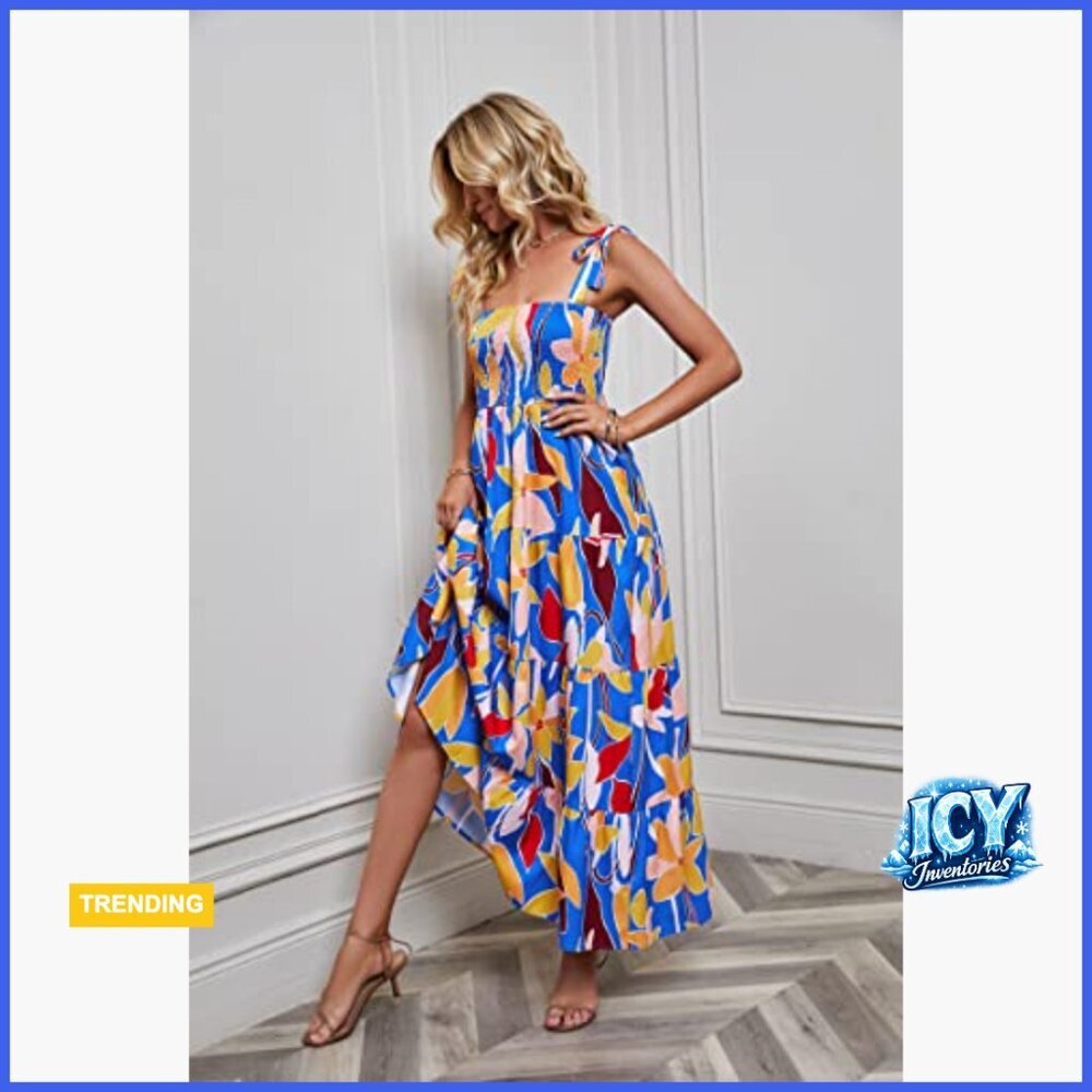 Polyester Maxi Dress with Spaghetti Straps Square Neck Ruffle Hem - Picture 5 of 7